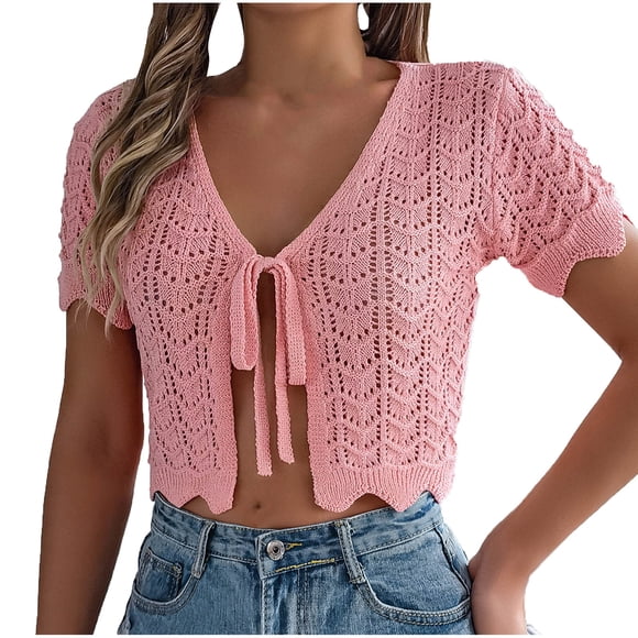 Yuyuzo Cropped Cardigans for Women Crochet Short Sleeve Knit Tops Lace up Open Front Lightweight Summer Sweater Cover Ups