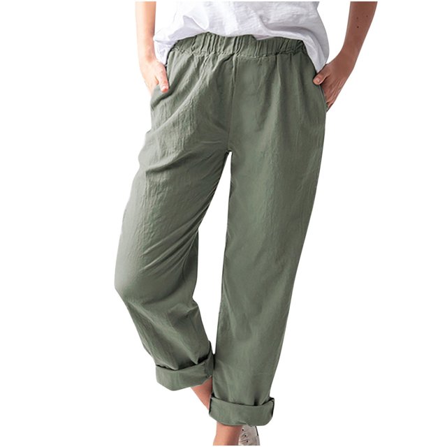 VEKDONE Womens Cotton Linen Long Pants Army Green S