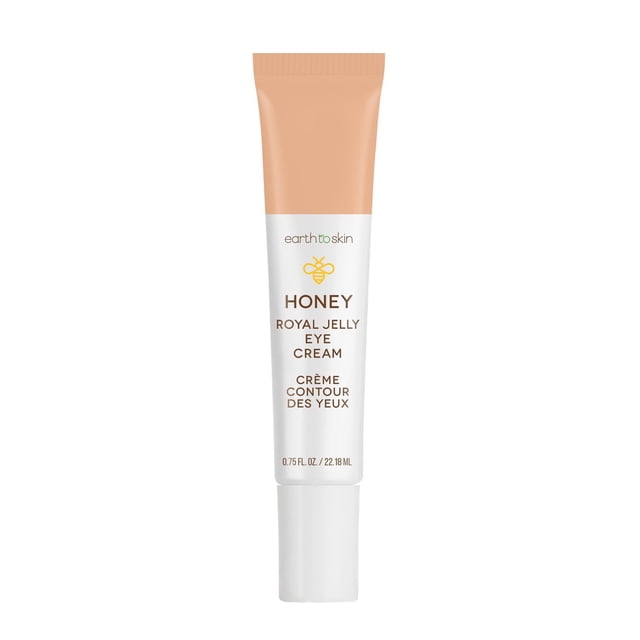 Earth to Skin Honey Royal Jelly Eye Cream tube with beige cap and white body, labeled with brown and yellow text and a bee logo, containing 0.75 fl. oz. (22.18 ml) of hydrating eye cream that helps reduce fine lines, soothe inflammation, and brighten the delicate skin around the eyes, suitable for daily moisturizing and anti-aging care.