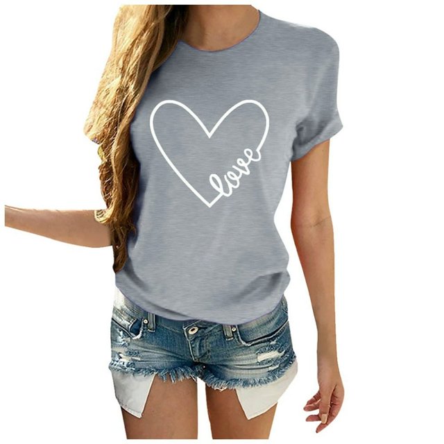 T-shirt Décontracté à Manches Courtes Col Rond Imprimé Lettre en Forme de Cœur pour Femmes pour la Saint-Valentin