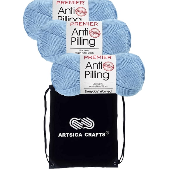 Premier Yarns Everyday Anti-Pilling Solid Baby Blue DN100-5 (3-Skeins - Same Dye Lot) #4 Worsted Weight Acrylic Yarn for Crocheting and Knitting with Project Bag