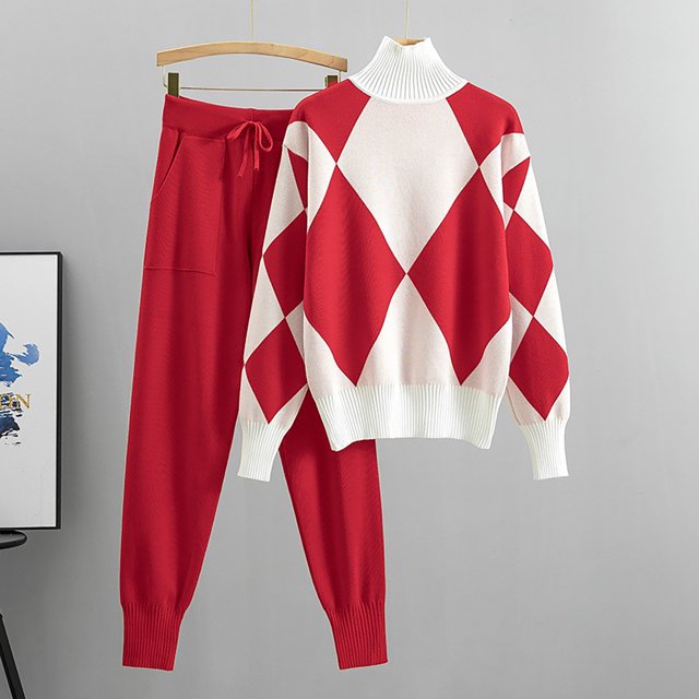 Weiqiqre Womens Turtleneck Sweater Checkered Color Block Knit Trendy Blouses & Shirts Sets