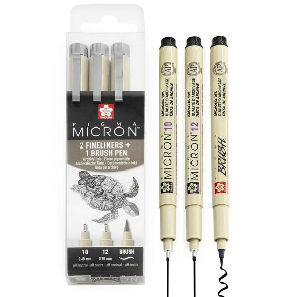 Sakura Pigma Micron - Stylos Fineliner Pigment - 10/12/brosse - Portefeuille de 3 - Encre Noire