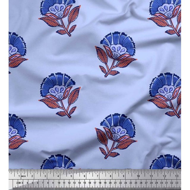 Soimoi Silk Fabric Leaves & Floral Block Fabric Prints by Yard 42 Inch Wide
