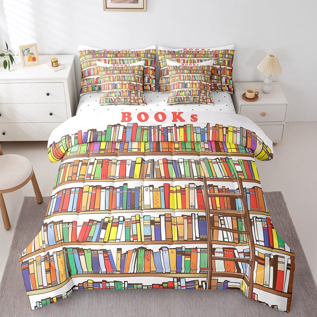 YST Library Bookshelf 7 Piece Comforter Set Full,Cartoon Bookcase Bed in a Bag with Flat Sheet and Fitted Sheet,Academic Collection Bookrack Ladder Decor Bedding Set with Pillowcase & Sham
