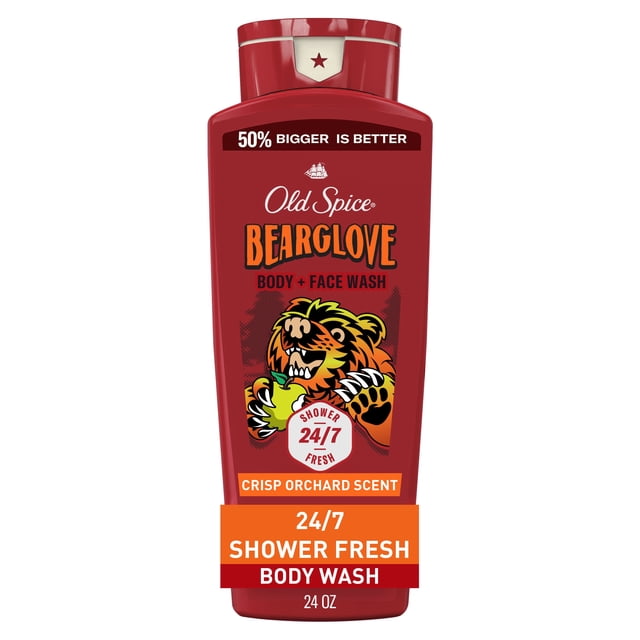 Old Spice Body Wash for Men Bearglove in a 24 oz red bottle with a bear claw holding a green apple graphic, featuring crisp orchard scent and 24/7 shower fresh formula for body and face wash.