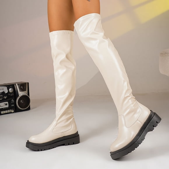 Pisexur Bottes d'Automne pour Femmes Style Hivernal Élégant Bottes au-Dessus du Genou Confortables à Semelle Épaisse Rehaussantes Blanches,40
