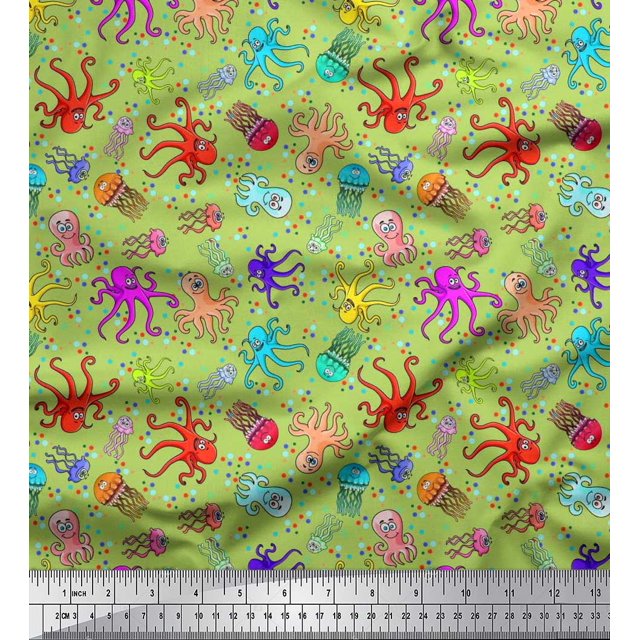 Soimoi Rayon Fabric Dot,Octopus & Jellyfish Ocean Print Fabric by The Yard 56 Inch Wide
