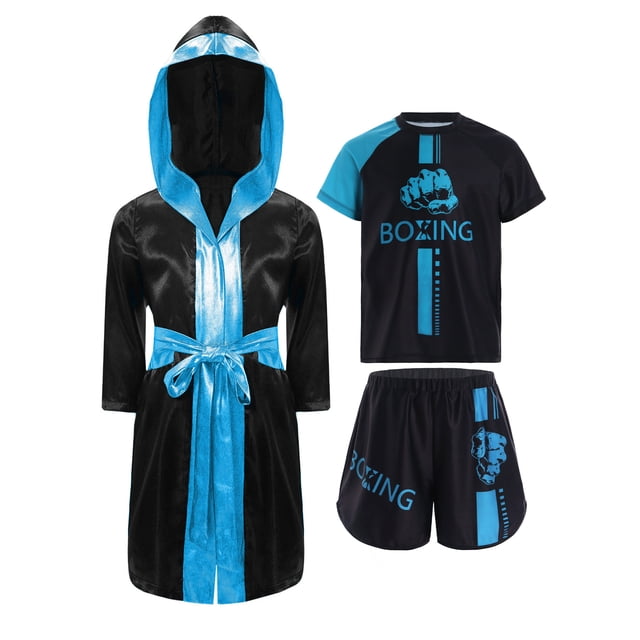 TiaoBug Kids Boys Boxing Uniform Set 3 Pcs Long Sleeve Open Front Hooded Cloak Robe with T-shirt and Shorts Sky Blue 12