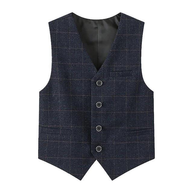 XASZHN Boy's 4 Button Formal Plaid Suit Vest Black_002 9-10 Years