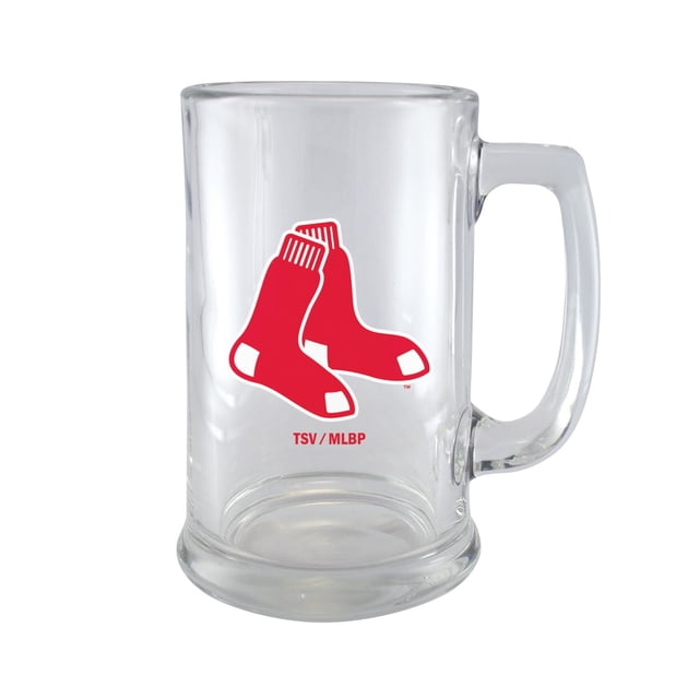 OFFICIALLY LICENCED MLB 15OZ BEER STEIN BOSTON RED SOX clear glass beer stein with a solid base and handle, displaying the Boston Red Sox red sock logo, suitable for beer, soda, or cocktails, and dishwasher safe.