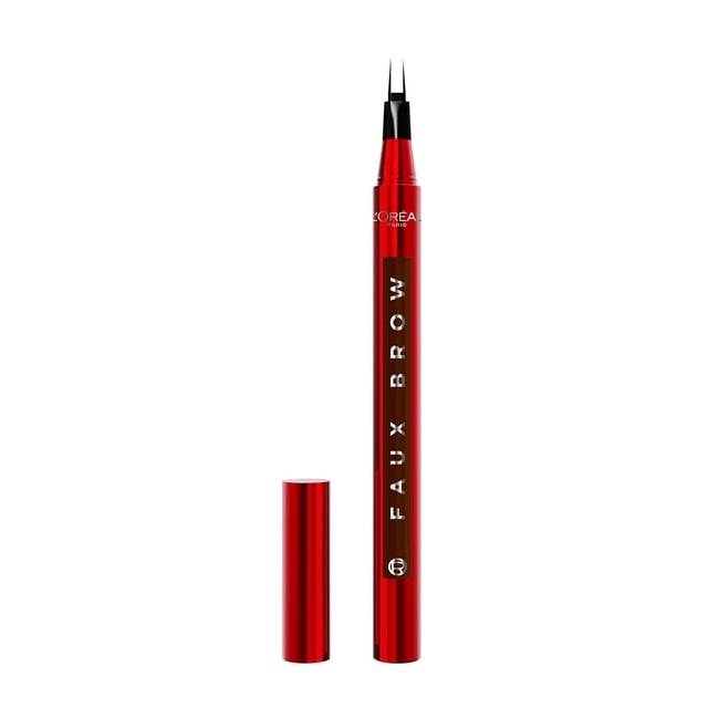 Stylo à Sourcils Infallible Faux Sourcils par L'Oréal Paris avec Corps Métallique Rouge et Capuchon Enlevé, Montrant une Pointe à Double Brosse Précise pour des Traits Naturels Semblables aux Cheveux, Imperméable et Longue Tenue pour des Sourcils Définis.