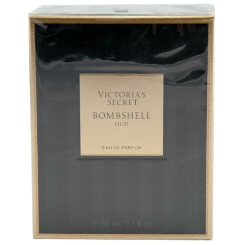 Victoria's Secret Bombshell Oud EDP for Her 50mL perfume in its original packaging. The box features a sleek black design with a gold-bordered label displaying the product name and brand. The fragrance is categorized under women's perfumes.