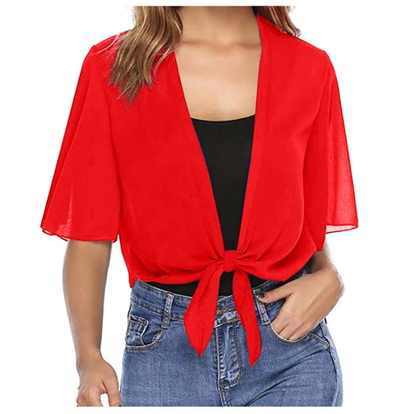 Women Tie Front Chiffon Short Sleeve Cropped Sheer Bolero Cardigan Women'S Cardigan Red M