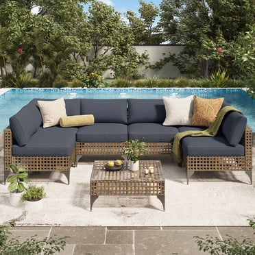 YODOLLA Ensemble de Conversation de Patio 7 Pcs avec Table à Thé, Mobilier d'Extérieur Sectionnel en Rotin PE Osier, Siège, Rotin Brun Foncé et Coussin et Oreiller Gris Foncé