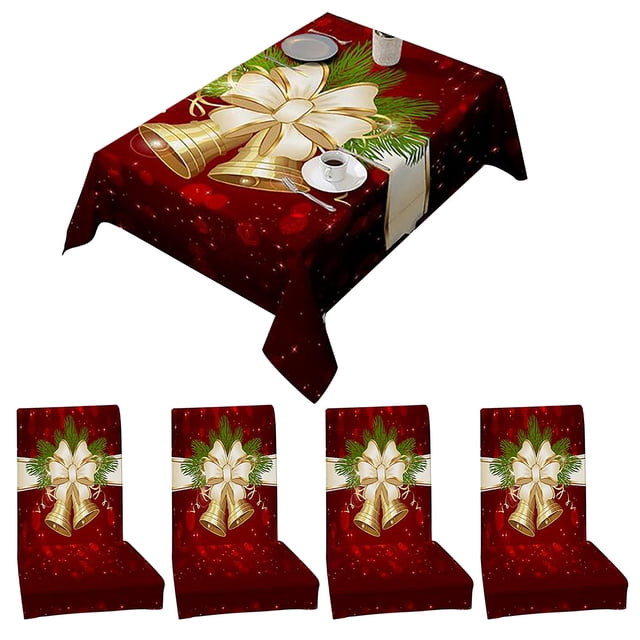 Boovnll 5Pcs Christmas Tablecloth & Chair Cover Set, 55x55" Christmas Printing Rectangle Table Cloth Table for Holiday Dinner Table Party Decor, Christmas Decorations
