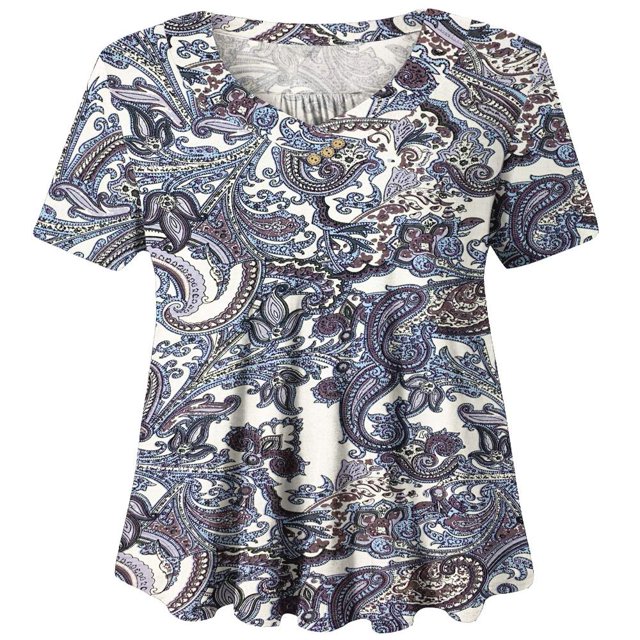 Woman Plus Size Short Sleeve Floral Blouses Henley T-Shirts V Neck Button Tunic Tops M-4xl