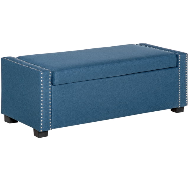 HOMCOM Banc de Rangement Rembourré à Dessus Rabattable Ottoman en Tissu pour Chambre, Salon, Bleu