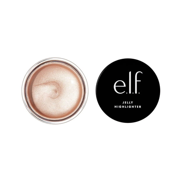 e.l.f. cosmetics Jelly Highlighter in a clear round jar showing smooth, light champagne jelly texture with a swirl, next to a black lid featuring white e.l.f. logo and Jelly Highlighter text on a white background