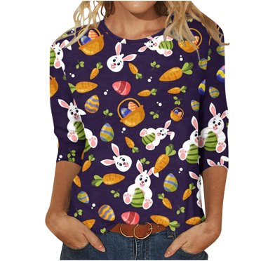 Pisexur T-Shirts de Pâques Manches 3/4 pour Femmes Œufs de Pâques Lapin T-Shirts Graphiques Amusants Imprimés de Pâques Décontractés Été Blouse Grande Taille