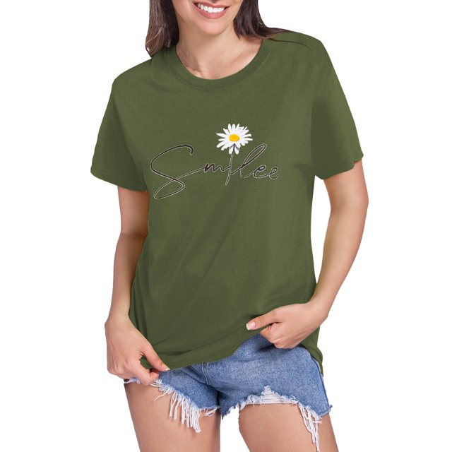 LUOGENLI T-shirts pour Femmes Motif Tournesol Col Rond Manches Courtes T-shirts Graphiques Vintage Vert Armée G