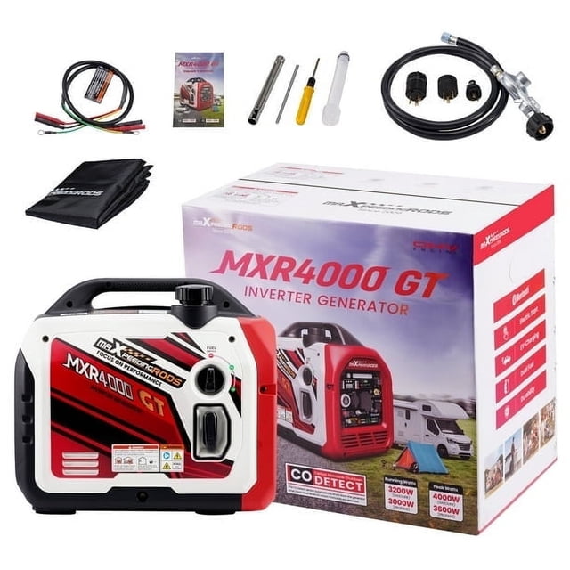Maxpeedingrods 4KW Dual Fuel Portable Inverter Generator with electric start, Bluetooth start, and quiet operation. The red and white generator is lightweight and features a handle for easy transport. Includes accessories such as a spark plug socket wrench, oil funnel, screwdriver, dust cover, parallel cables, pressure relief valve kit, and an L5-30P to TT-30R adapter. Ideal for outdoor camping, RV travel, emergency EV charging, and backup power during outages. Shown with its packaging and included components.