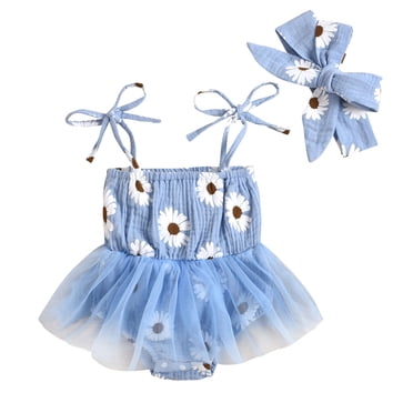 MIASHUI Girls Sleeveless Flower Print Romper Mesh Tutu Dress with Headbands,Blue,0-3 Months