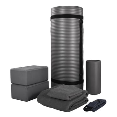 BalanceFrom Complete 7-Piece Yoga Set with 71” x 24” x 1” Extra Thick Mat, Gray