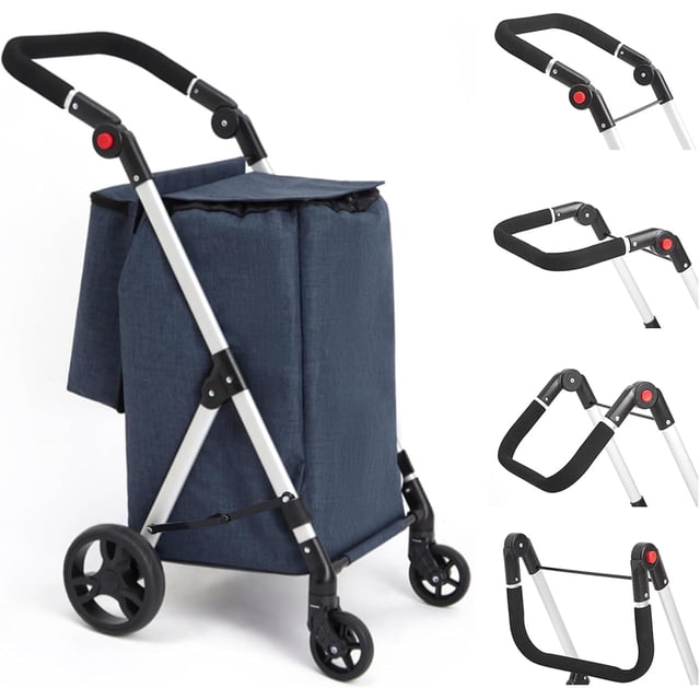 LEUYA ABC Chariot d'Épicerie, Chariot de Magasinage à 4 Roues, Chariot de Magasinage en Aluminium 46 L avec Sac Isotherme, Poignée Réglable, Chariot de Magasinage Pliant