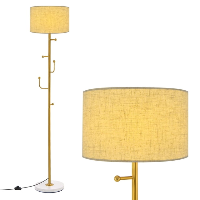 Costway Floor Lamp with Coat Rack featuring 5 hooks and a foot switch. The lamp has a golden metal frame with a weighted base and a beige linen shade that softens light. A practical lighting solution suitable for living rooms, bedrooms, or entryways.