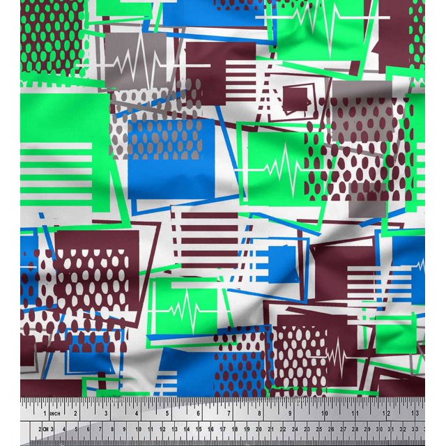 Soimoi Blue polyester Crepe Fabric Geometric Abstract Print Fabric by the Yard 52 Inch Wide