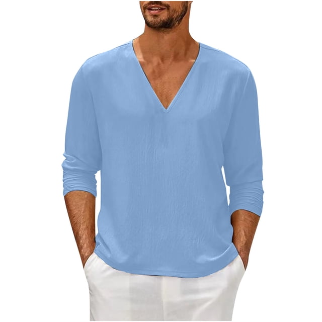 GigrtiJin Mens Long Sleeve T-Shirt Casual Fall V Neck Solid Color Tops Blouses Plus Size Basic Pullover Undershirt