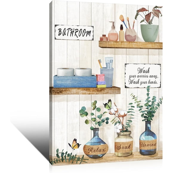 Bathroom Wall Art Botanical Flower Farmhouse Wall Decor Glass Art Flower Bottle Modern Rustic Farmhouse Living Room Canvas Wall Art for Bathroom, Kitchen, Bedroom