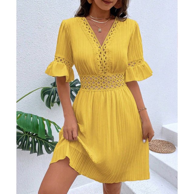 Mefallenssiah Nouvelle Robe d'Été en Dentelle Patchwork à la Mode Col en V Cintrée à la Taille Couleur Unie pour Femmes