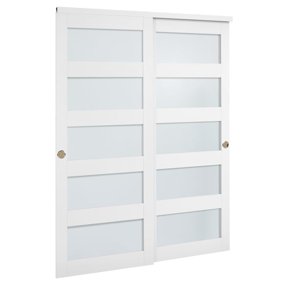 KFFKFF Sliding Closet Door, 60" (Double 31") x 80", 5-Lite Frosted Glass Bypass Sliding Doors with Hardware Kit & Floor Guide, Solid Wood & MDF Slab with Water-Proof PVC Surface for Closets Bedrooms