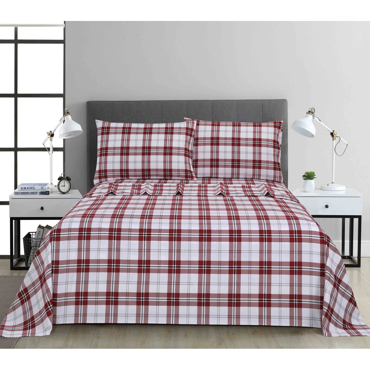 Swift Home 4-Piece Printed Sheet Set, Red Plaid, Full