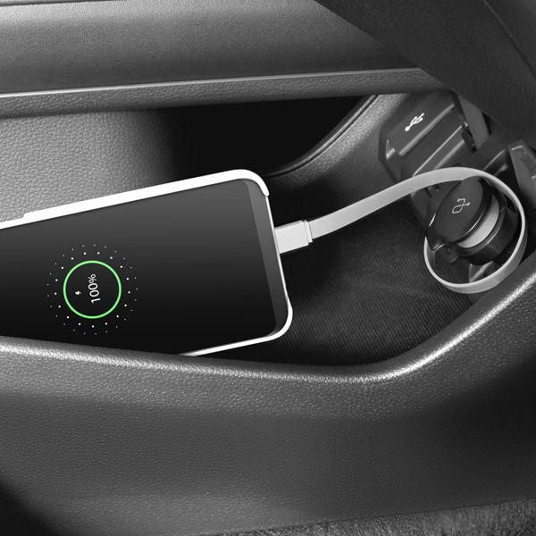 Aluratek 4.8A Car Charger with Built-in Lightning Rolling Ribbon Cable and USB Charging Port
