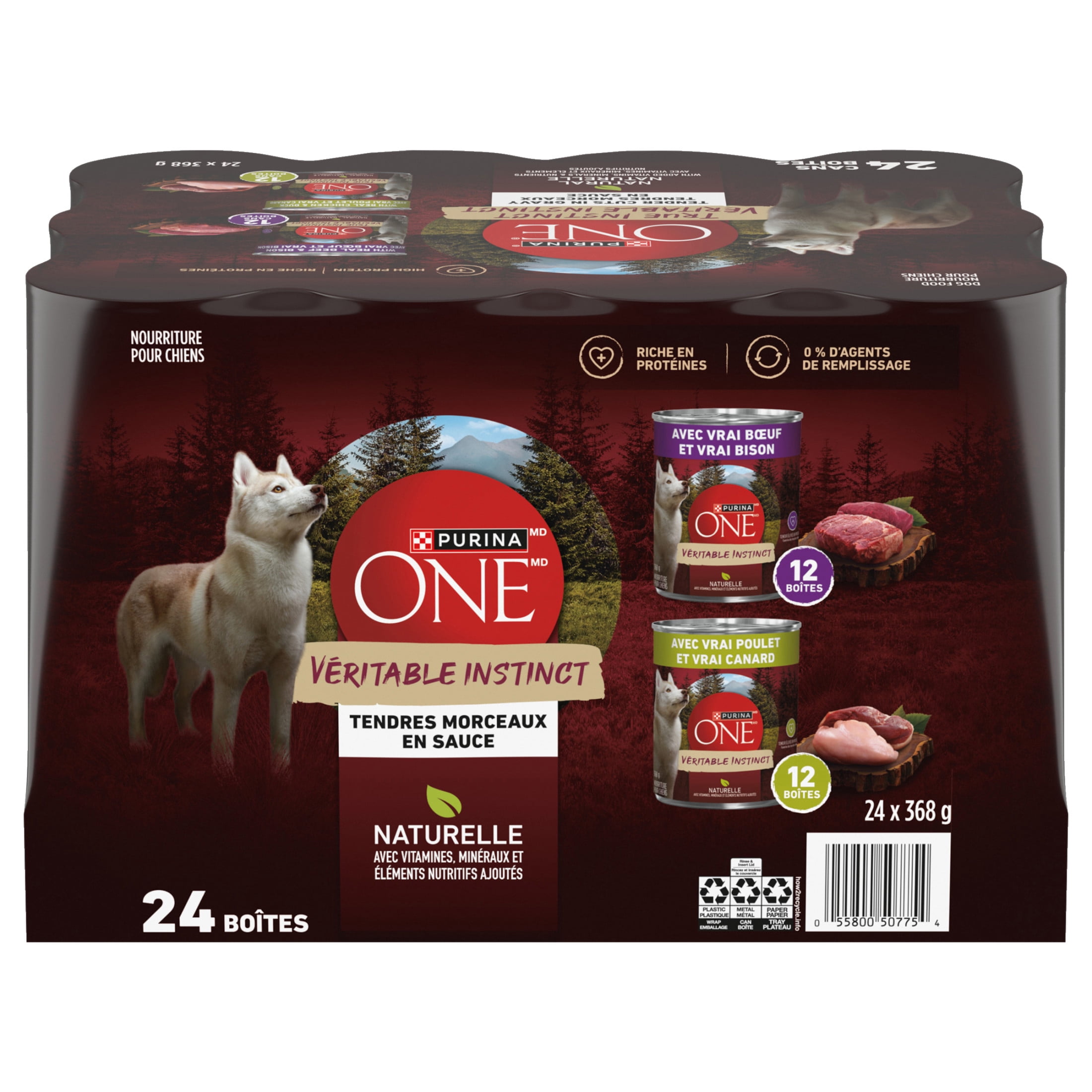 Purina ONE True Instinct Emballage Assorti Tendres Morceaux en Sauce, Nourriture Humide pour Chiens, 368g x 24