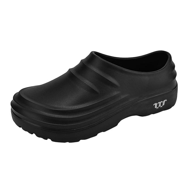 Armadillo Chef Shoes for Women Men Slip Resistant Waterproof Nurse Clogs Work Shoes for Kitchen Food Service. Black slip-on clogs with a textured waterproof surface, rounded toe, and slip-resistant sole, ideal for work footwear in kitchens, food service, and healthcare settings.