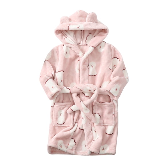 JIRNDfCA Girls Hooded Robe Cute Cartton Soft Bathrobe Girls Warm Flannel Night- Kids Robe Children Pajamas Pink 7-8 Years