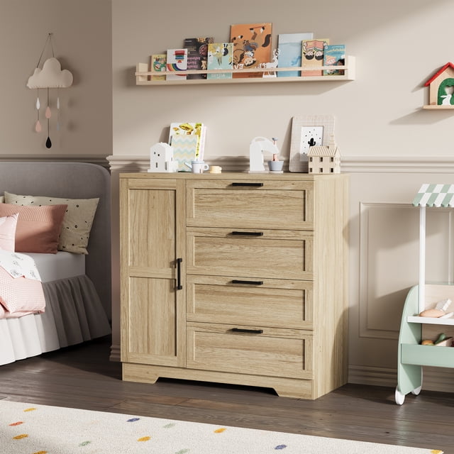 Towallmark Armoire Garde-Robe en Bois avec 4 Tiroirs, Porte et Tringle - Armoire de Rangement Moderne et Commode pour l'Organisation de la Chambre - Couleur Bois Naturel