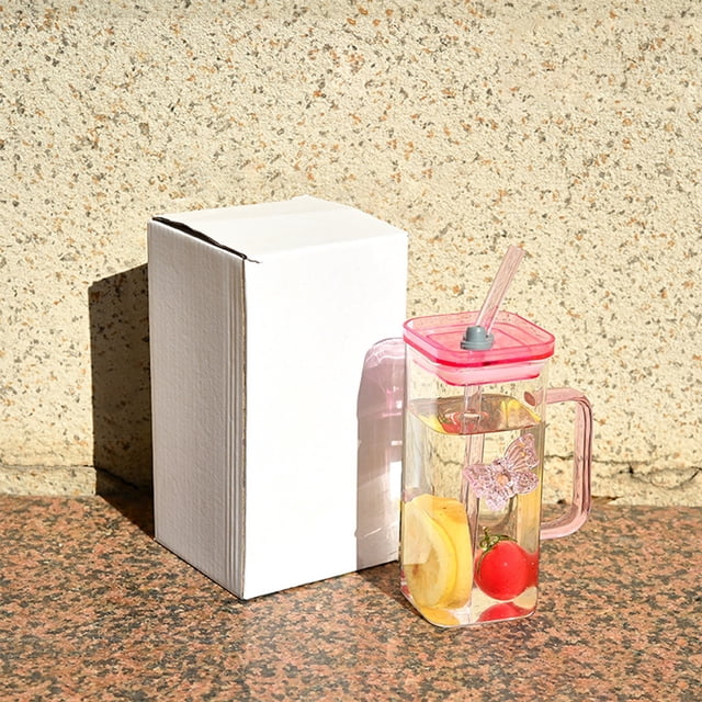 Square Glass Tumbler With Handle Double-Wall Glass Straw Cup Stylish Two-Way Straw Tumbler Elegant Handle Glassware Set