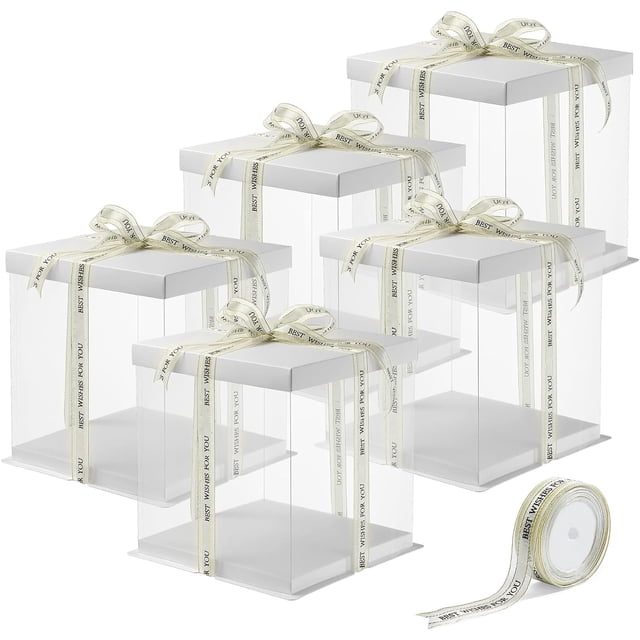 Mistaha "Set of 5 White 6-inch Double-Layer Cake Boxes with Transparent Packaging for Birthdays - Plastic Material, 8 inches, DIY Box"