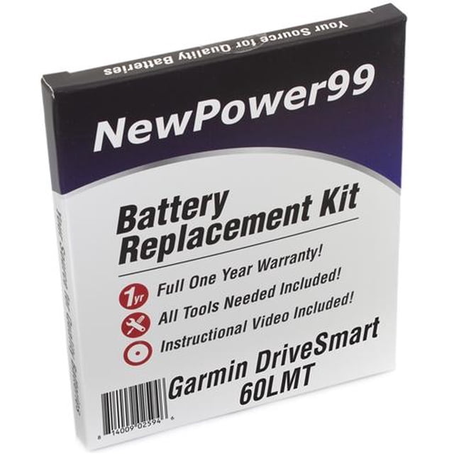 Garmin DriveSmart 60LMT Battery Replacement Kit with an extended capacity 1100 mAh lithium-ion battery, tools for installation, and video instructions. The packaging emphasizes a one-year warranty and compatibility with Garmin DriveSmart 60LMT GPS devices.