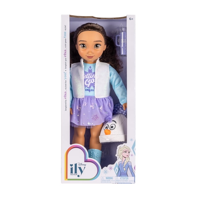 Disney ily Poupée de 18 Pouces Inspirée par Elsa Portant un Chandail à Manches Longues Bleu Pâle, un Gilet Blanc iridescent, une Jupe Flocon de Neige Lavande et des Bottes Bleues. Livré avec un Bonnet Tricoté à Thème Olaf Blanc et une Bouteille d'Eau Violette, Emballé pour 6 Ans et Plus.