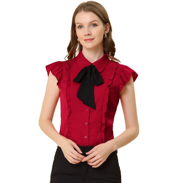 INSPIRE CHIC Women's Ruffle Bow Tie Chiffon Top Peter Pan Collar Button Down Shirts