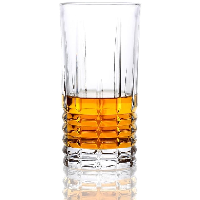 Normandie Highball 340 ml Ensemble de 4 Verres à Boire en Cristal Sans Plomb au style Rétro Classique, avec une base à Texture Épaisse et Partiellement Remplie de Liquide Ambré, Idéal pour les Réceptions à la Maison et Compatible Lave-Vaisselle.
