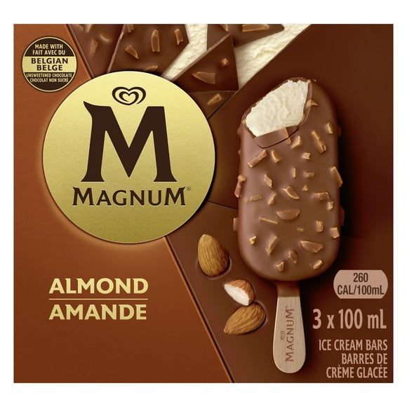 Barre de crème glacée Amande Magnum crème glacée onctueuse à la vanille recouverte de chocolat belge avec des éclats d'amandes 100 ml 3 barres 3 x 100 ml