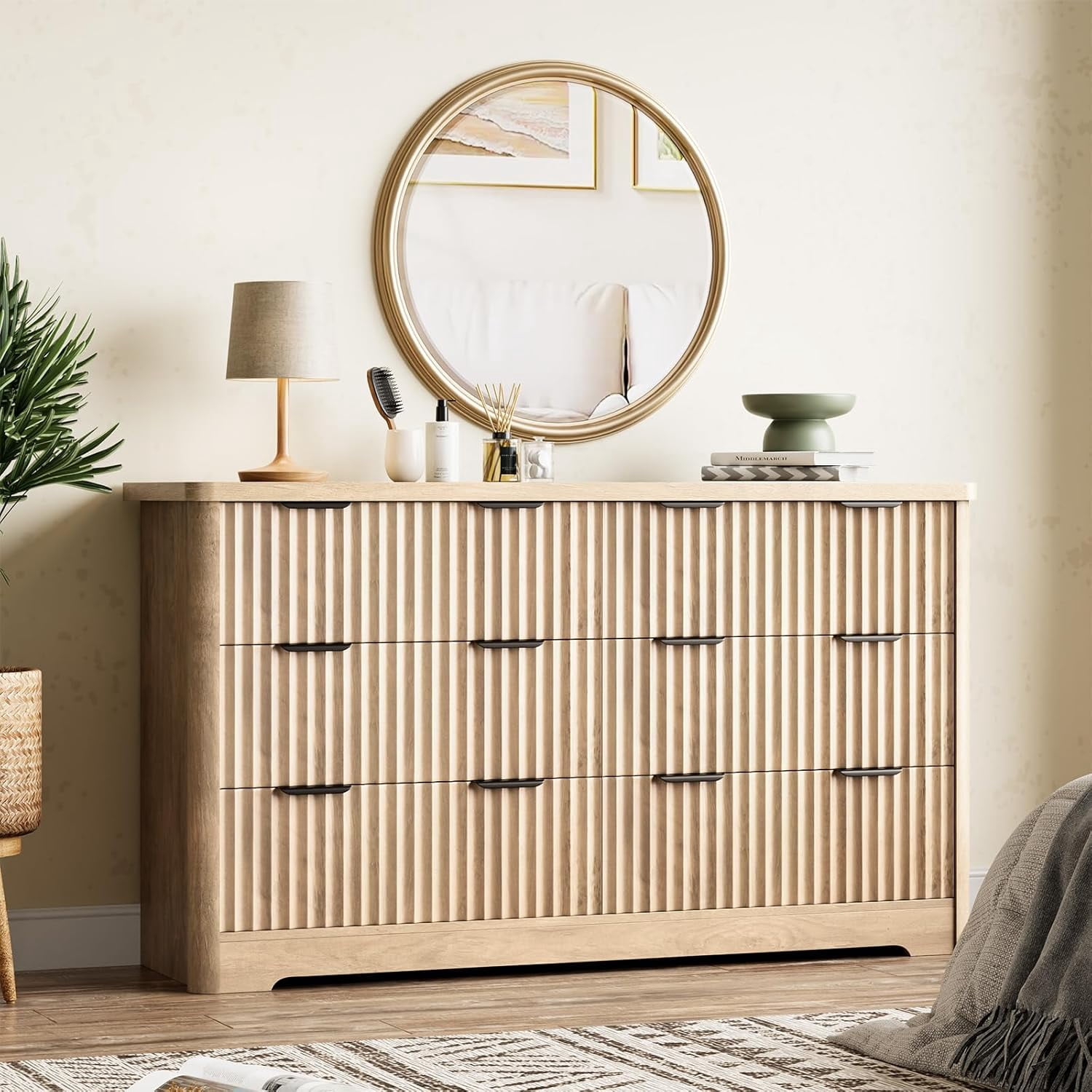 Fluted Dresser with 6 Drawer, Modern Dressers for Bedroom with Wood Top, Sturdy Wooden Dresser & TV Stand, Clothes Storage for Living Room, Hallway, Natural Oak