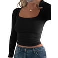 thumbnail image 1 of Fortune T-Shirt Basique pour Femmes à Encolure Dégagée, Manches Longues, Coupe Ajustée, Court, 1 of 8